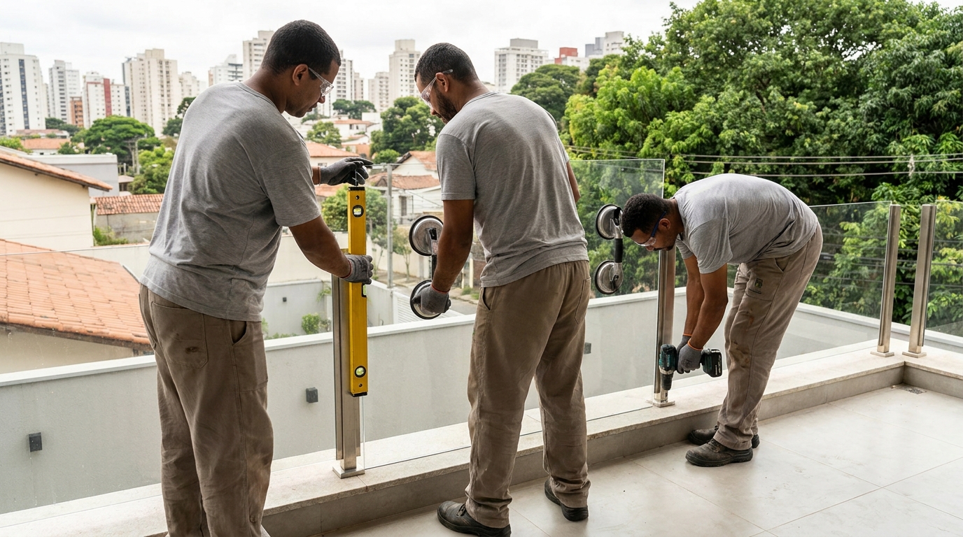 Guarda-corpo em terraço alto com vista cidade em São José dos Campos-SP