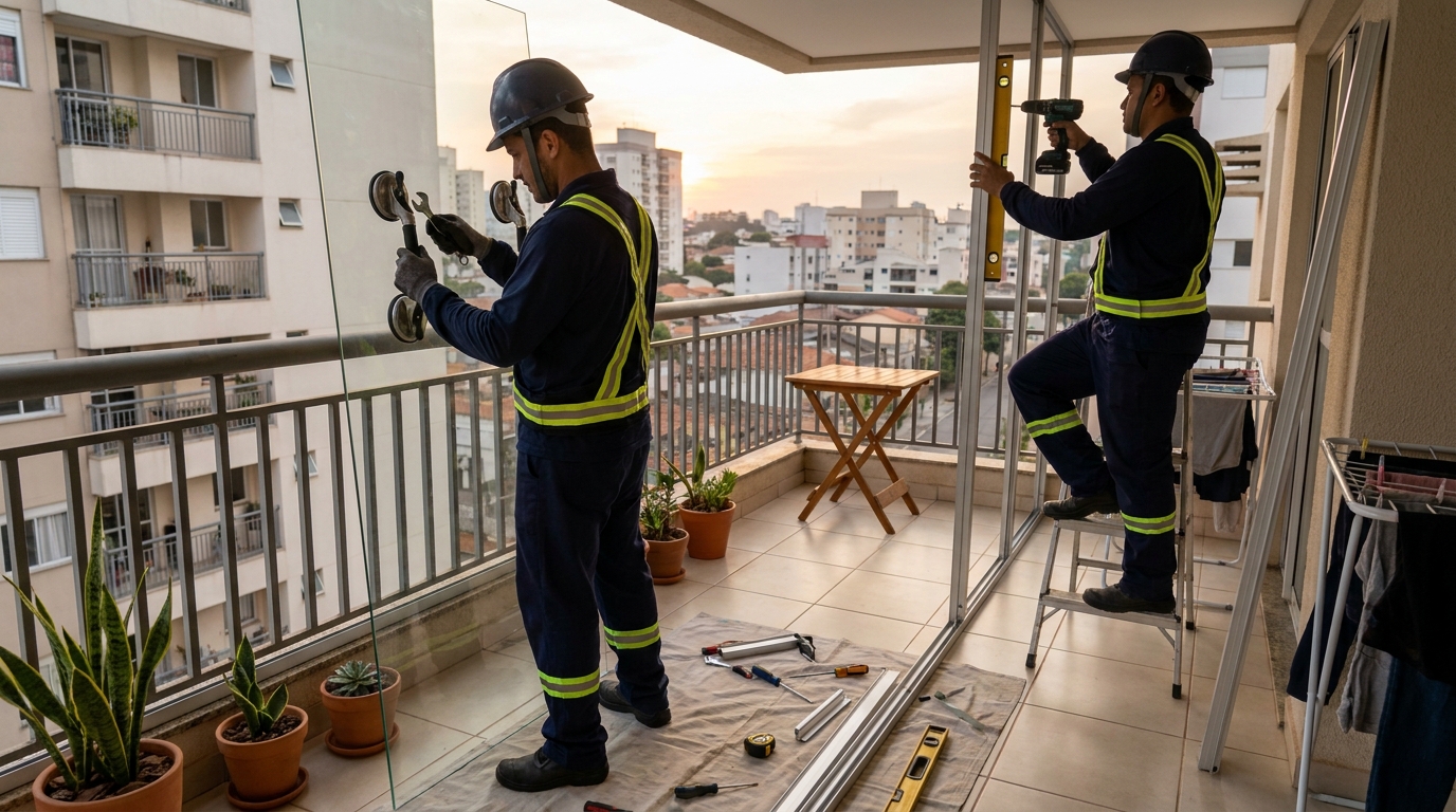 Instalação de parede de vidro em sacada em São José dos Campos-SP