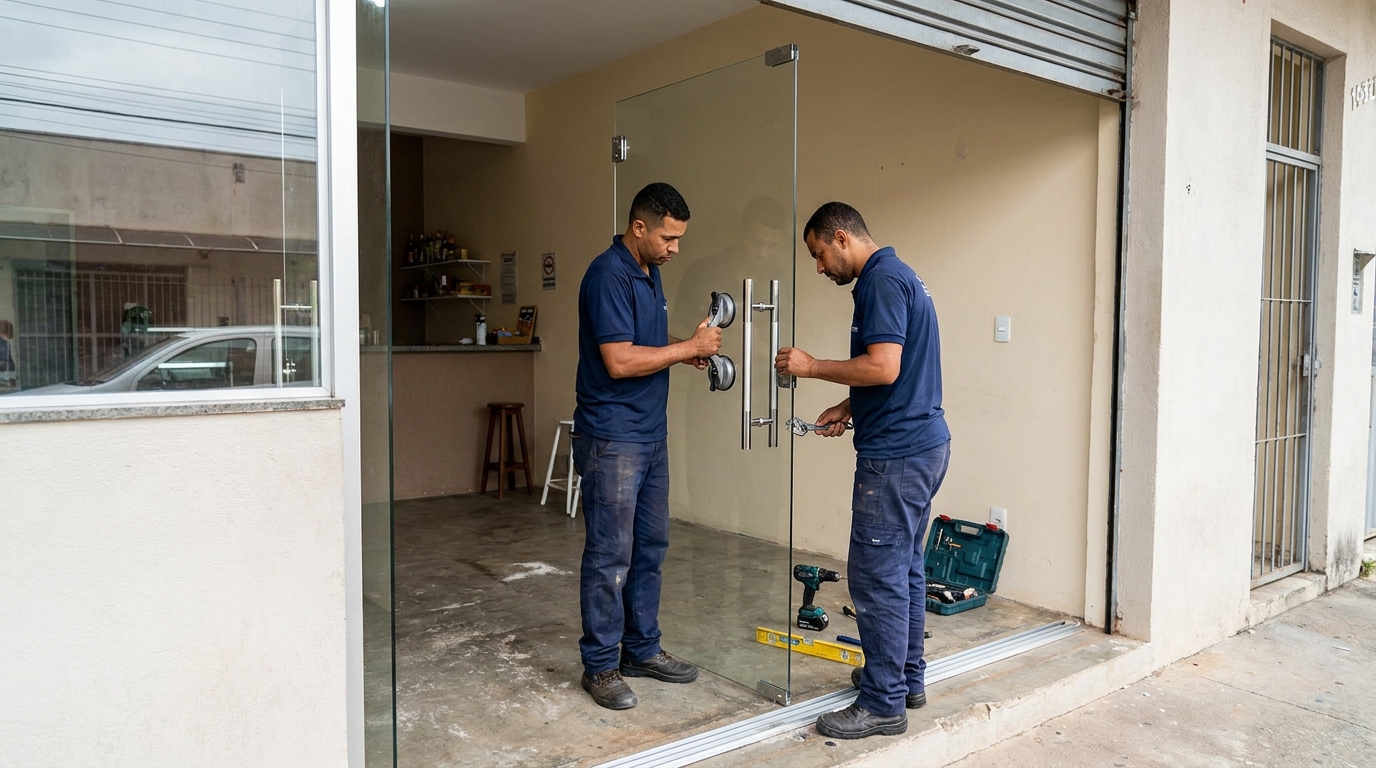 Dupla instalando porta de vidro em loja em São José dos Campos-SP